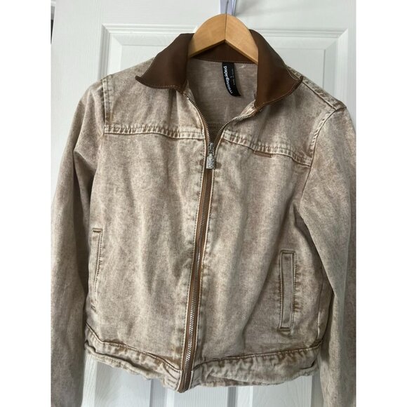 Missguided Cropped Jacket S Beige Distressed Denim Look Faux Leather Collar Y2K - Picture 3 of 6